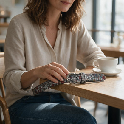 Mujer sosteniendo un cinturón de piel Luisipo con estampado floral multicolor y hebilla plateada en una mesa de café