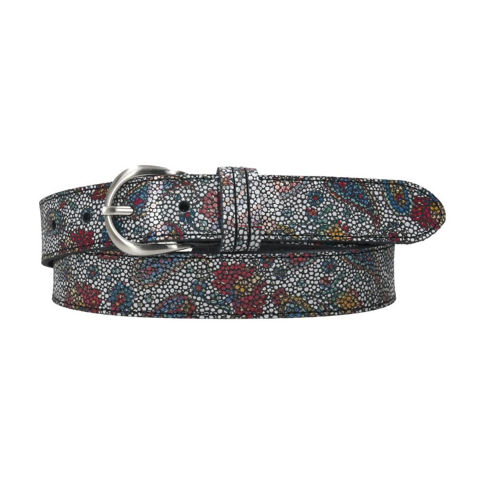 Cinturón de piel Luisipo para mujer con estampado floral multicolor, fondo oscuro y hebilla plateada redondeada.