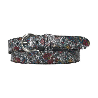 Cinturón de piel Luisipo para mujer con estampado floral multicolor, fondo oscuro y hebilla plateada redondeada.