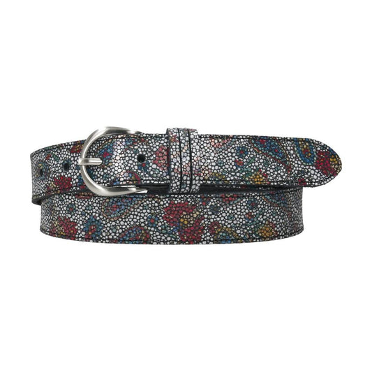 Cinturón de piel Luisipo para mujer con estampado floral multicolor, fondo oscuro y hebilla plateada redondeada.