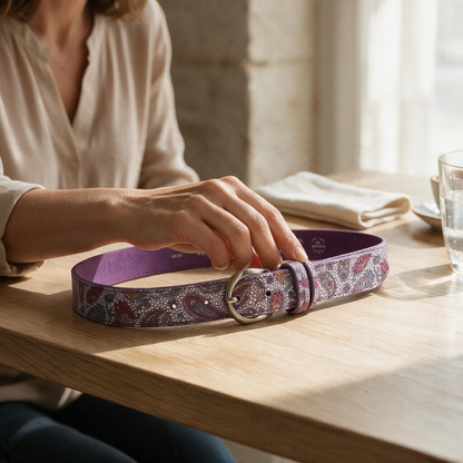 Cinturón de piel Luisipo con estampado paisley en tonos morados sobre una mesa de madera
