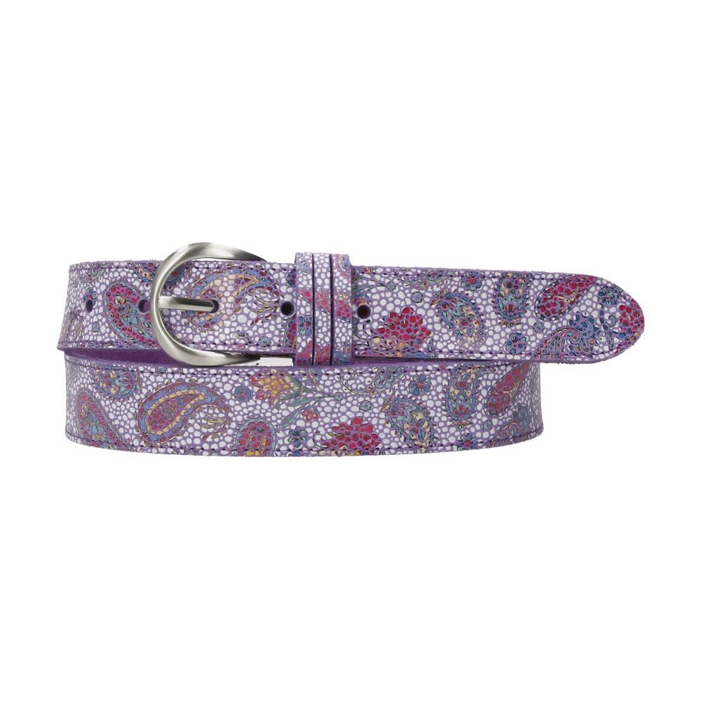 Cinturón de piel Luisipo con estampado paisley multicolor y hebilla plateada sobre fondo morado