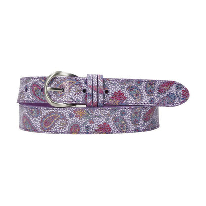 Cinturón de piel Luisipo con estampado paisley multicolor y hebilla plateada sobre fondo morado