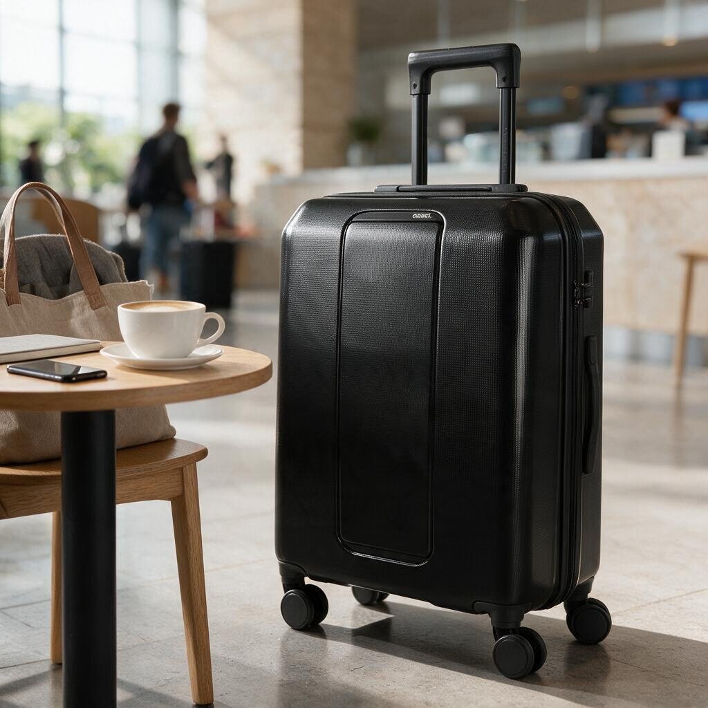 Maleta de cabina Luisipo Gabol Slider negra de 55 cm, rígida y flexible con cuatro ruedas giratorias en aeropuerto.