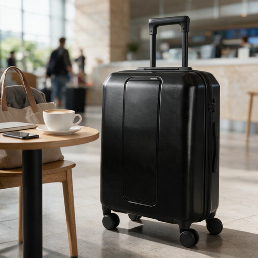 Maleta de cabina Luisipo Gabol Slider negra de 55 cm, rígida y flexible con cuatro ruedas giratorias en aeropuerto.