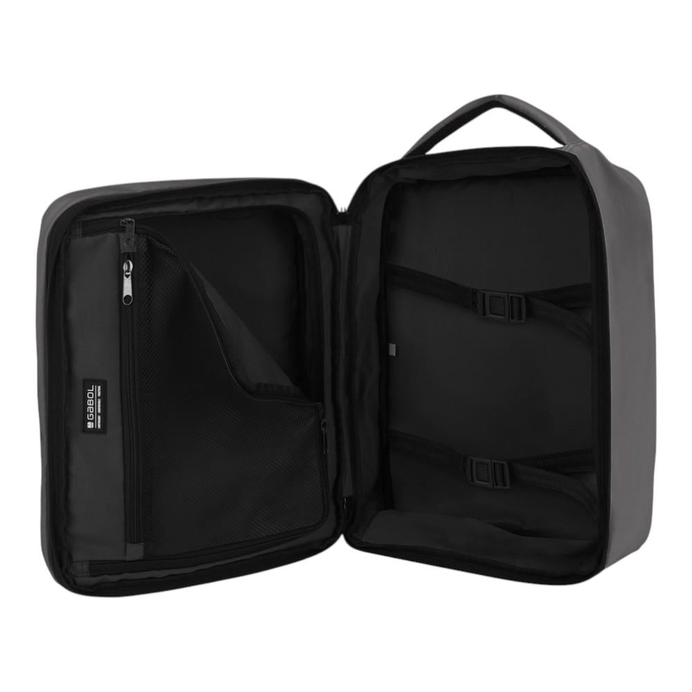 Interior de la mochila Luisipo Gabol Vancouver gris con compartimentos organizadores y cintas de sujeción para ropa