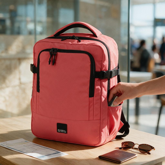 Mochila de viaje Luisipo Gabol Vancouver color coral, expandible, con bolsillo lateral y compartimento para portátil.