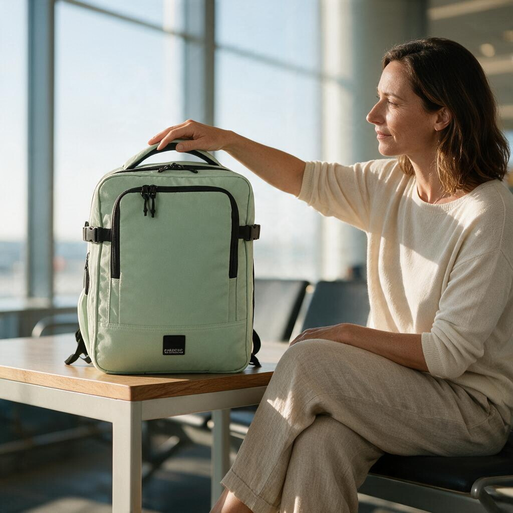 Mochila de viaje Luisipo Gabol Vancouver verde agua expandible con compartimento para portátil sobre una mesa