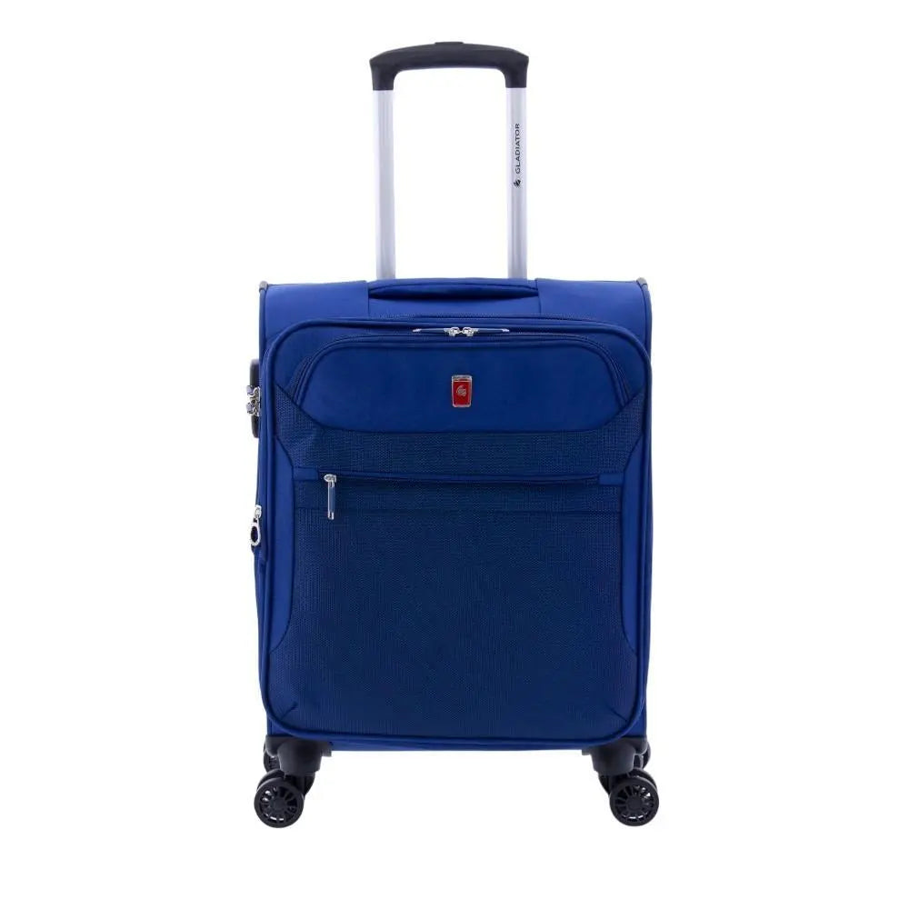 Vista frontal de la maleta de cabina tela azul Gladiator 3D con práctico bolsillo exterior.