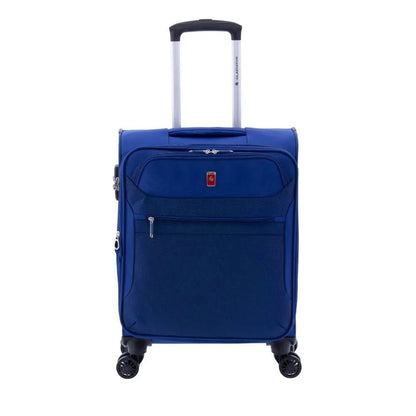 Vista frontal de la maleta de cabina tela azul Gladiator 3D con práctico bolsillo exterior.
