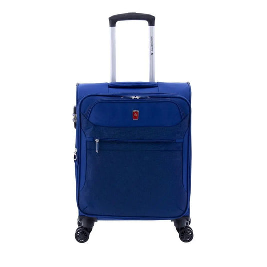 Vista frontal de la maleta de cabina tela azul Gladiator 3D con práctico bolsillo exterior.