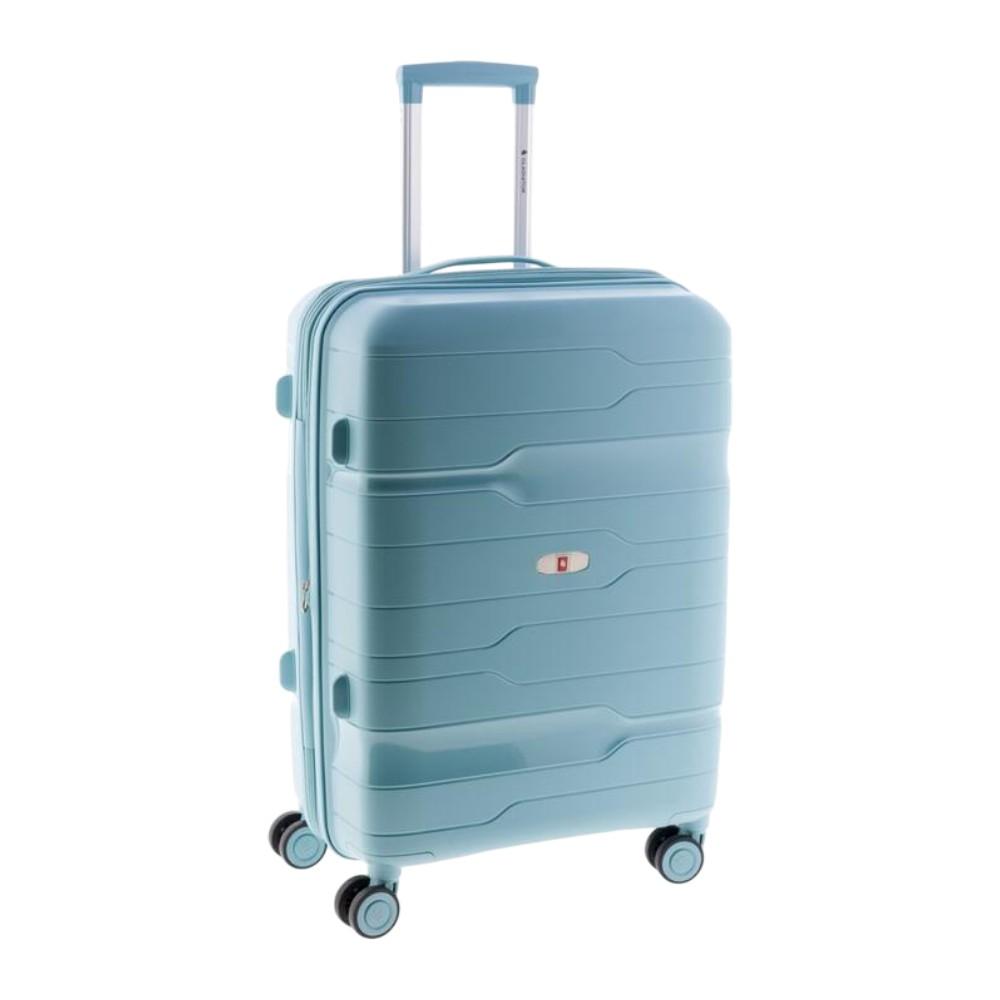 Maleta Gladiator Boxing mediana en color azul cielo, fabricada en polipropileno rígido para viajes de una semana.