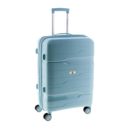 Maleta Gladiator Boxing mediana en color azul cielo, fabricada en polipropileno rígido para viajes de una semana.