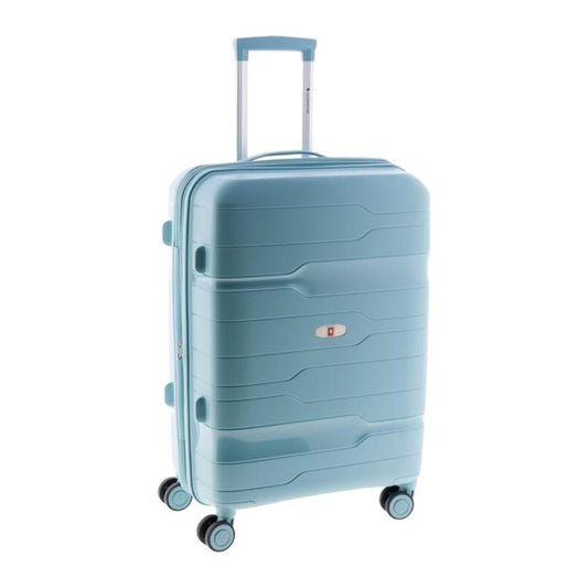 Maleta Gladiator Boxing mediana en color azul cielo, fabricada en polipropileno rígido para viajes de una semana.