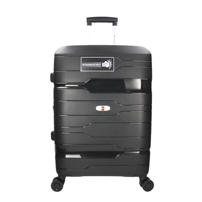 Vista frontal de la maleta mediana Gladiator Boxing negra, fabricada en polipropileno resistente a impactos.