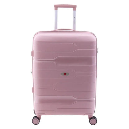 Vista frontal de la maleta mediana Gladiator Boxing en rosa palo metalizado, diseño elegante y resistente.