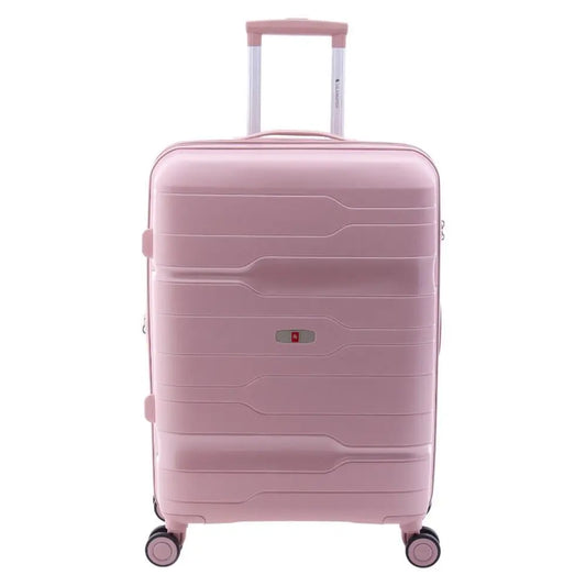 Vista frontal de la maleta mediana Gladiator Boxing en rosa palo metalizado, diseño elegante y resistente.