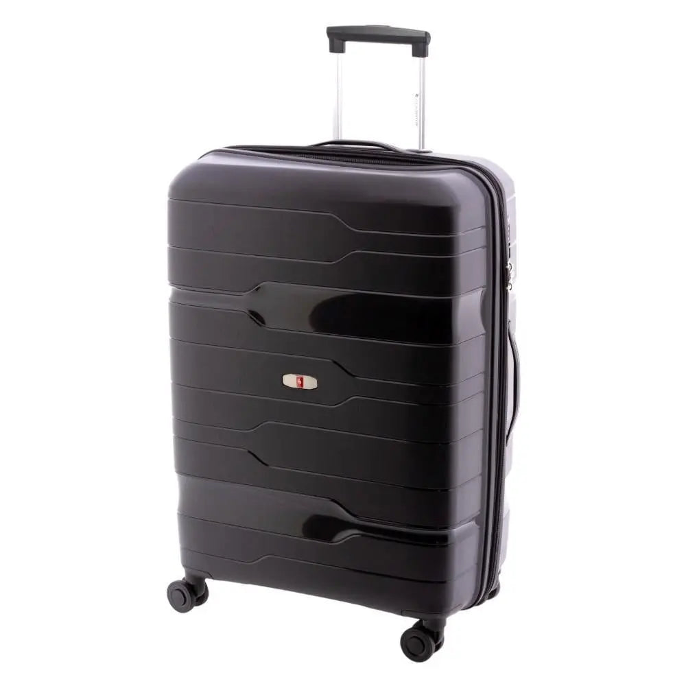 Vista en perspectiva de la maleta Gladiator grande Boxing negra, robusta y amplia para viajes largos.