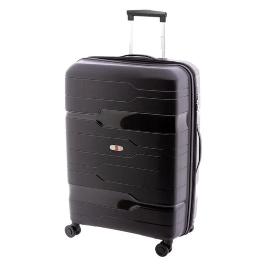 Vista en perspectiva de la maleta Gladiator grande Boxing negra, robusta y amplia para viajes largos.