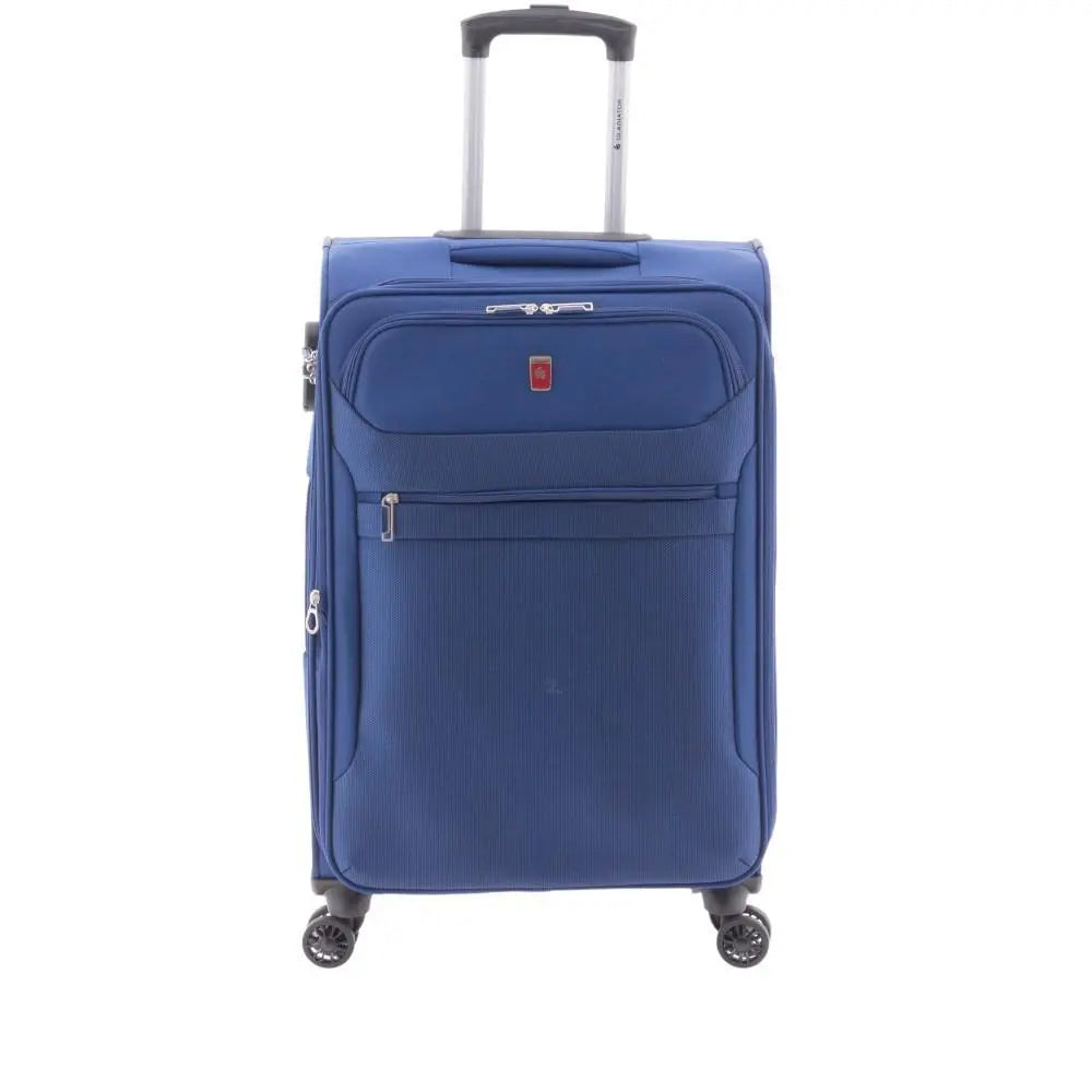  Vista frontal de la ligera maleta mediana tela Gladiator 3D en color azul, con amplios bolsillos y ruedas 360º.