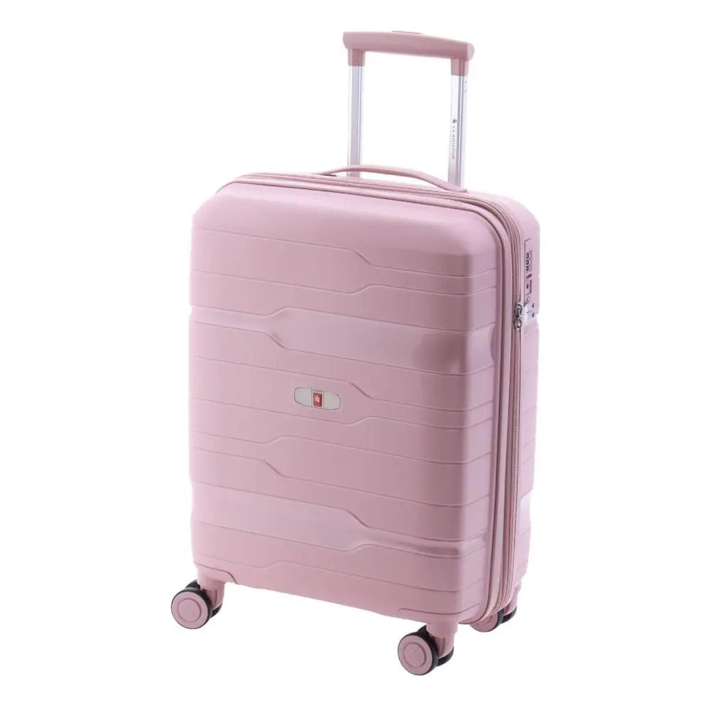 Perfil lateral de la maleta de cabina Boxing rosa destacando su diseño moderno y acabado metalizado.