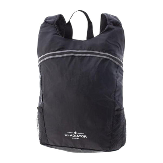 Mochila de viaje plegable de color negro abierta fabricada en nylon ripstop resistente.