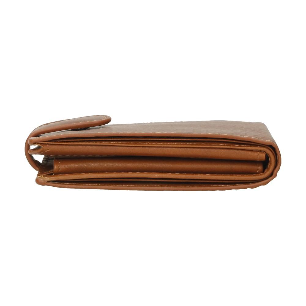 Vista de perfil de la cartera de piel Cerdeña cerrada, mostrando su diseño compacto y la capacidad de los compartimentos internos.
