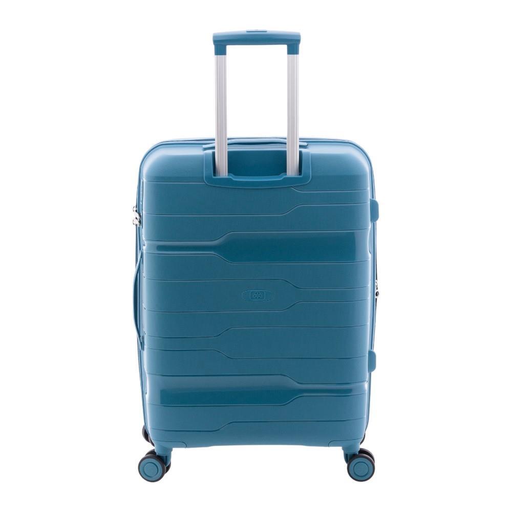 Perfil lateral de la maleta mediana Boxing azul Blondy destacando el fuelle expandible y el cierre de seguridad.