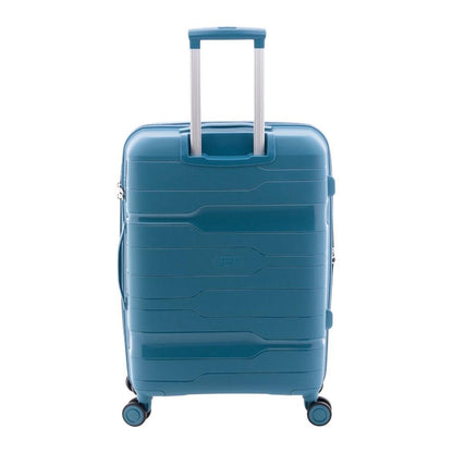 Perfil lateral de la maleta mediana Boxing azul Blondy destacando el fuelle expandible y el cierre de seguridad.