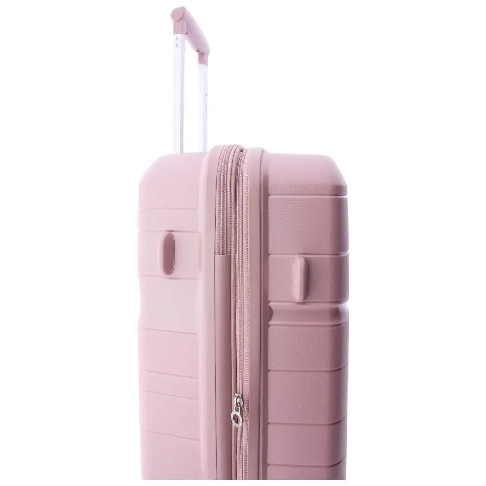 Perfil lateral mostrando la cremallera del sistema expandible (70-80 litros) de la maleta mediana.