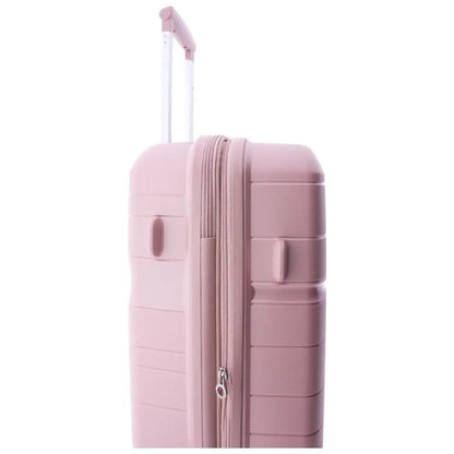 Perfil lateral mostrando la cremallera del sistema expandible (70-80 litros) de la maleta mediana.