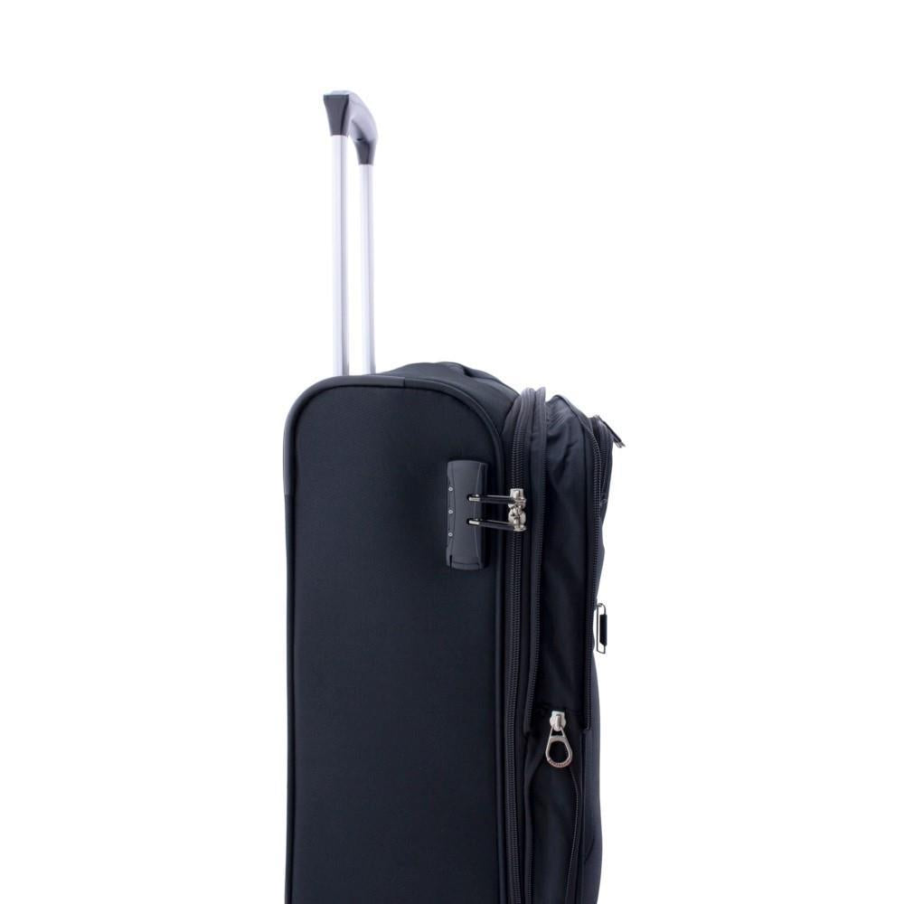  Perfil lateral de la maleta de tela negra mostrando su diseño compacto y ligero.