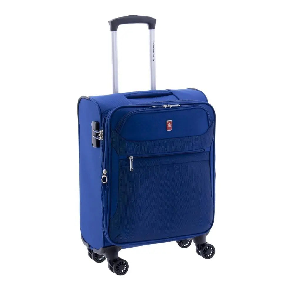 Maleta de tela azul en perspectiva luciendo su diseño 3D y estabilidad.