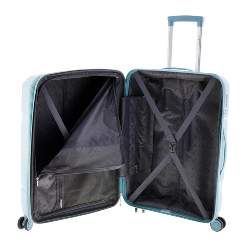 Primer plano de las ruedas dobles multidireccionales de la maleta mediana Boxing que facilitan el transporte.