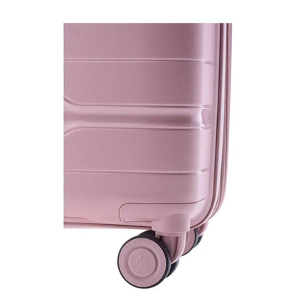 Primer plano de las ruedas dobles con amortiguación de la maleta Boxing rosa para un rodaje suave.