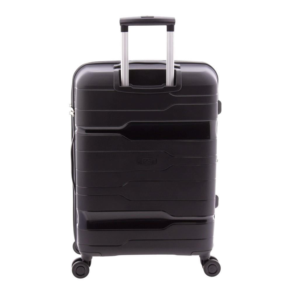 Vista trasera de la maleta negra con el mango telescópico de aluminio extendido en posición de transporte.