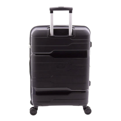 Vista trasera de la maleta negra con el mango telescópico de aluminio extendido en posición de transporte.