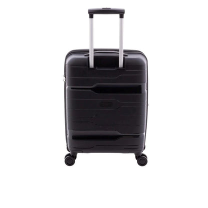 Vista posterior de la maleta Boxing negra con el sistema de asa telescópica de aluminio reforzado.