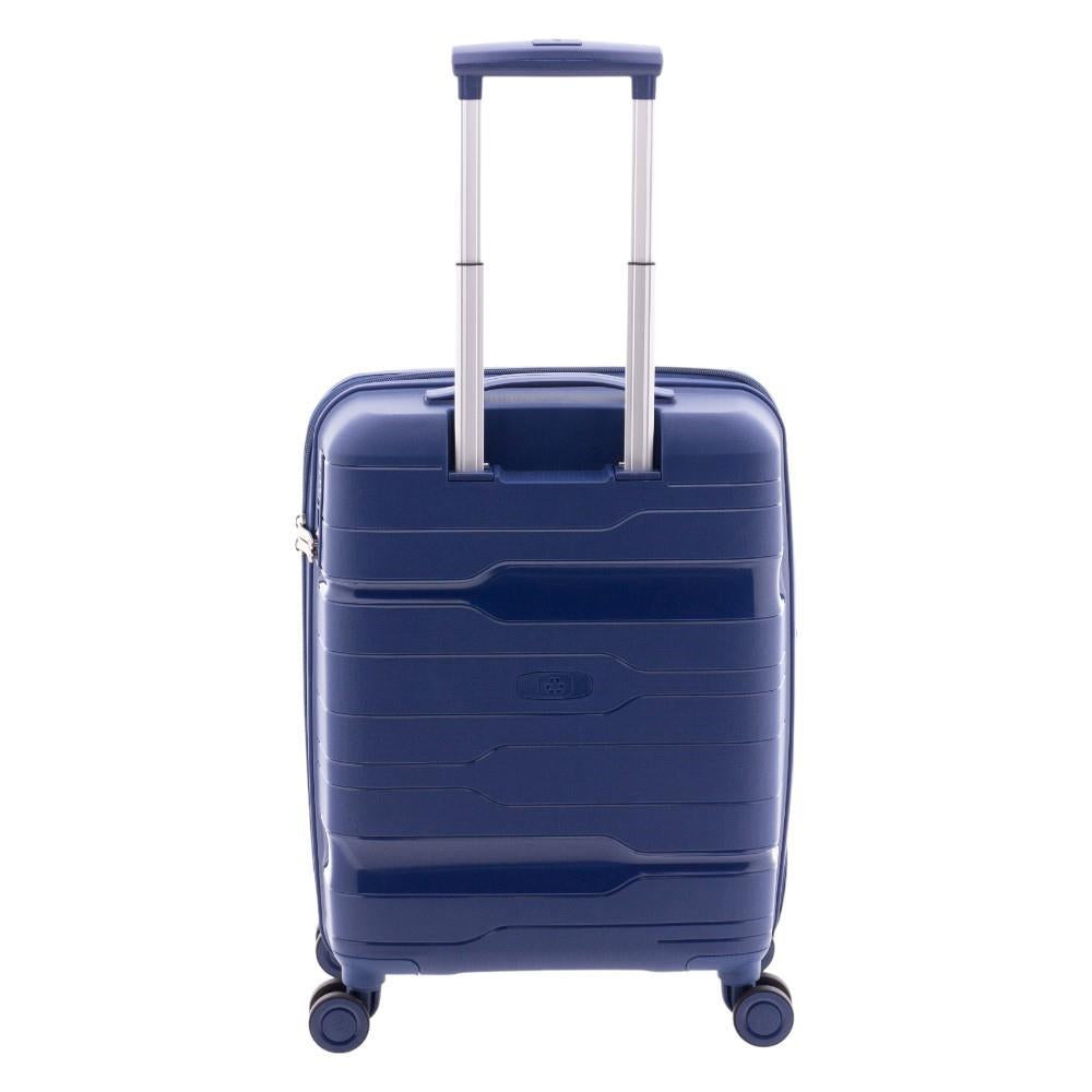 Parte posterior de la maleta de cabina Boxing mostrando el sistema de carro telescópico de aluminio con varias posiciones.