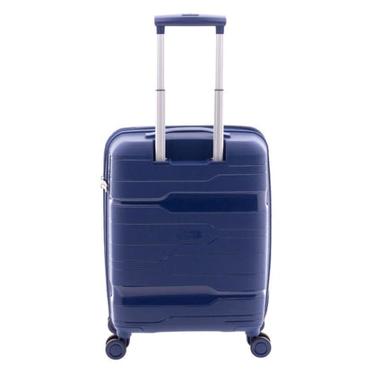 Parte posterior de la maleta de cabina Boxing mostrando el sistema de carro telescópico de aluminio con varias posiciones.