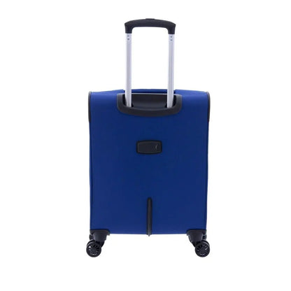  Vista trasera del equipaje de tela azul destacando su tejido de nylon resistente.