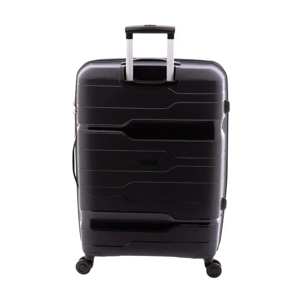 Parte trasera de la maleta grande negra con tirador telescópico y diseño reforzado.
