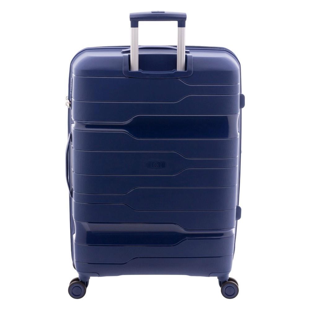 Parte posterior de la maleta grande Boxing azul marino con el sistema de asa telescópica.