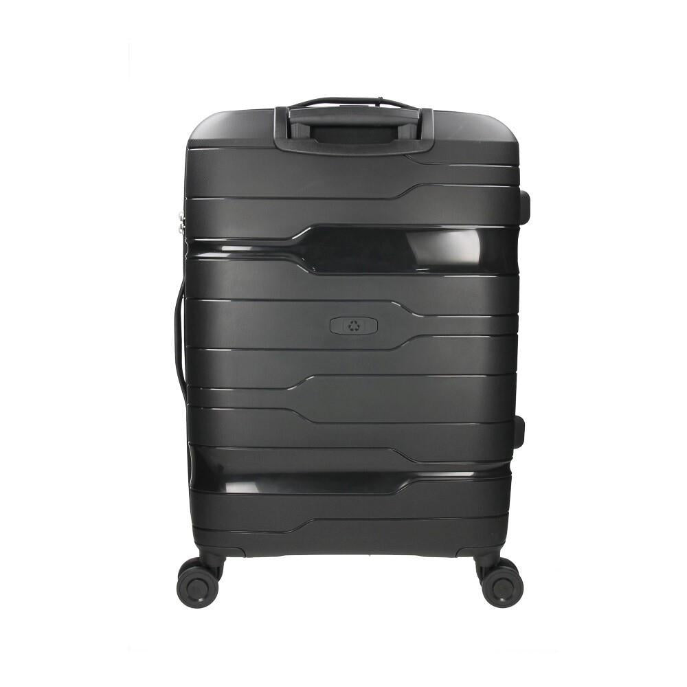 Parte posterior de la maleta mediana Boxing negra con el diseño liso y el tirador recogido.