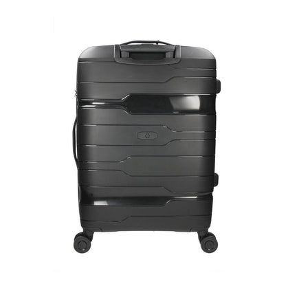 Parte posterior de la maleta mediana Boxing negra con el diseño liso y el tirador recogido.