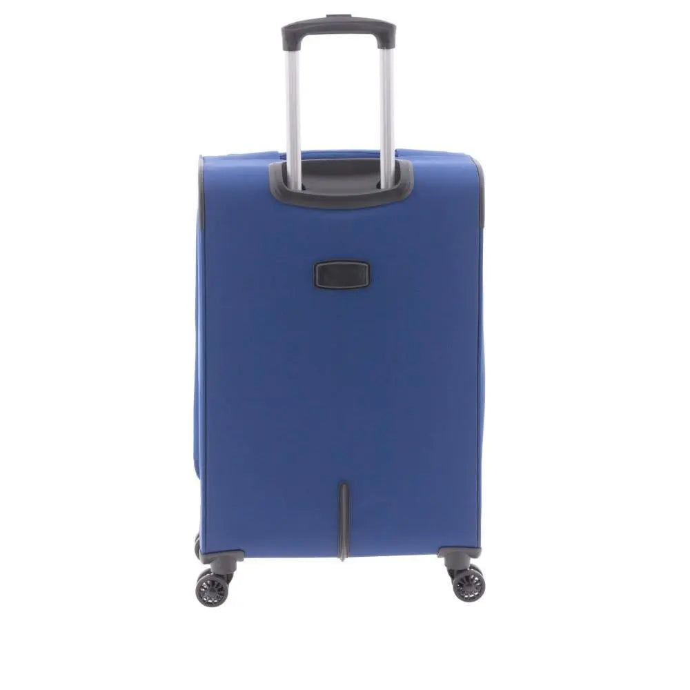 Parte posterior de la maleta mediana tela con el asa telescópica de aluminio desplegada y refuerzo inferior.