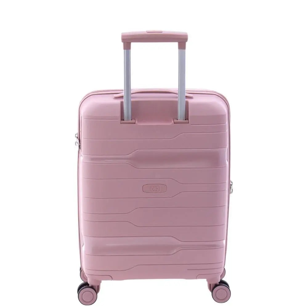 Parte trasera de la maleta rosa con el mango telescópico de aluminio en posición de transporte.