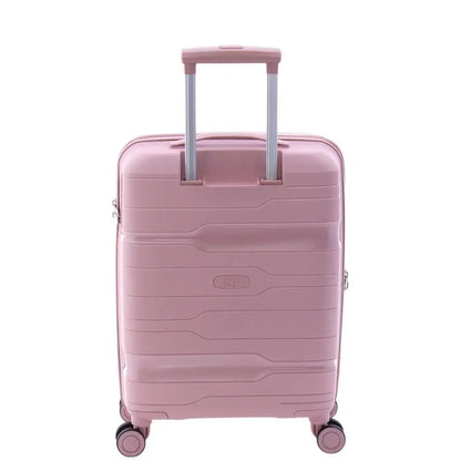 Parte trasera de la maleta rosa con el mango telescópico de aluminio en posición de transporte.