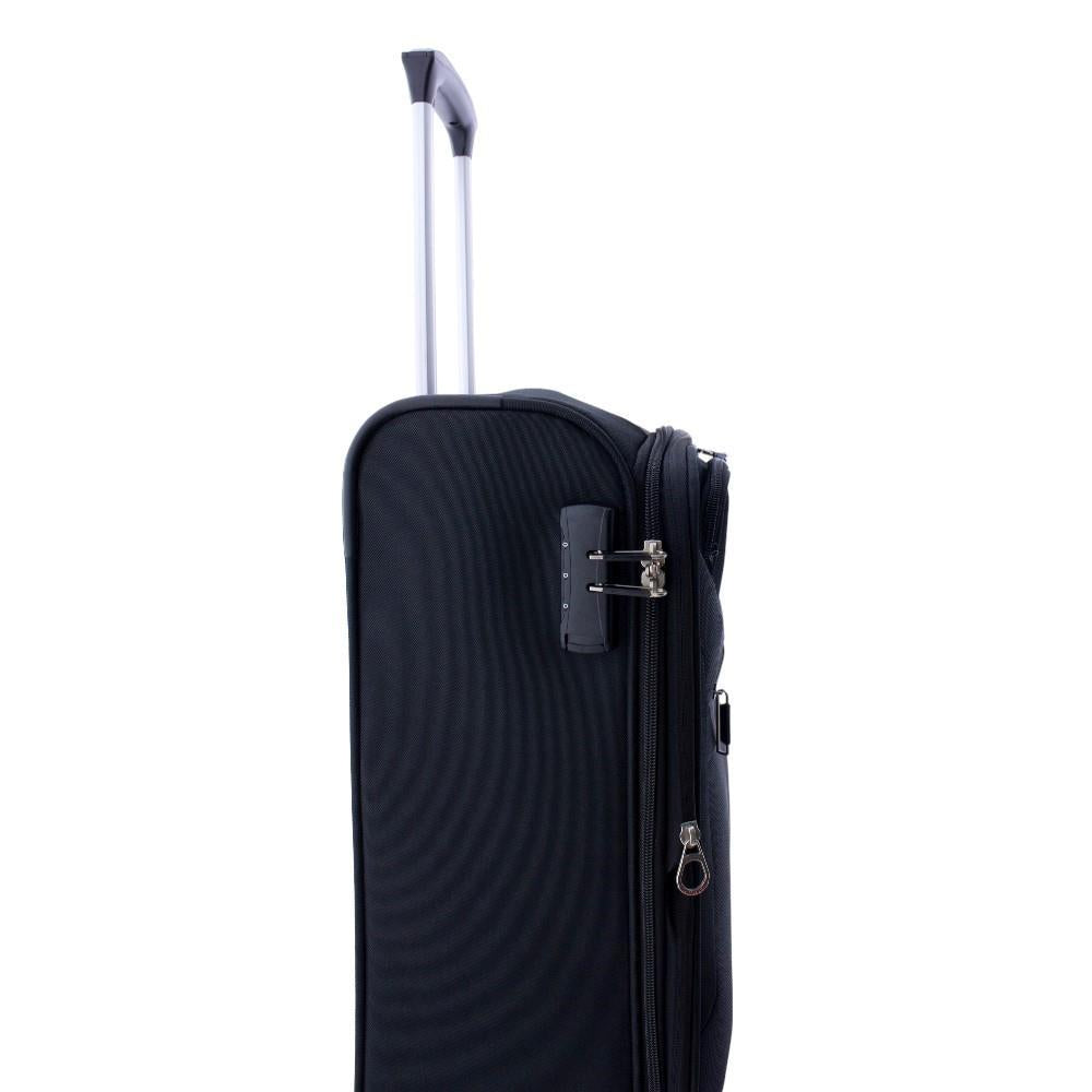 Maleta de cabina blanda con asa telescópica de aluminio extendida.