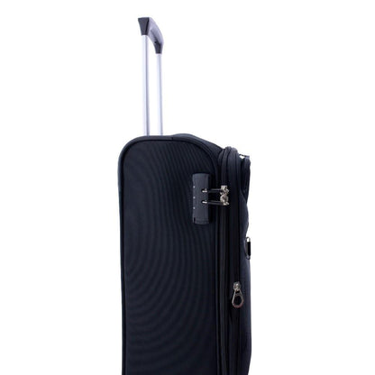 Maleta de cabina blanda con asa telescópica de aluminio extendida.